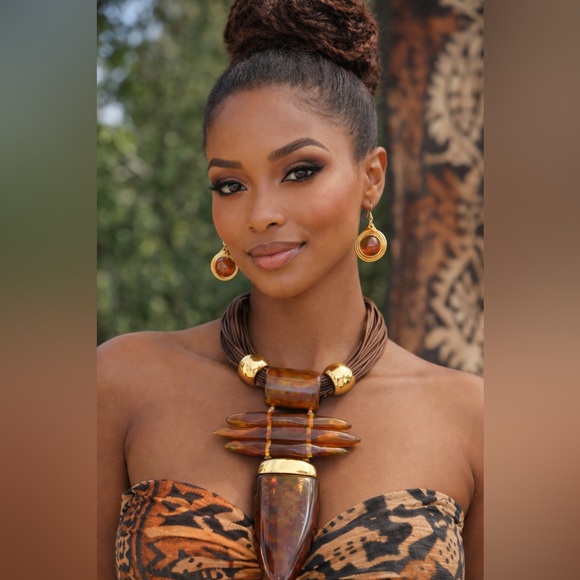 She_Stylish Jewelry - Tribal Inspired Gold and Turquoise Statement Necklace with Matching Earrings